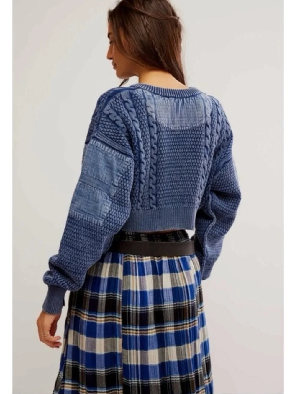 Free People Patchwork Chunky Cable Knit Heritage Cardi Cardigan Sweater Large